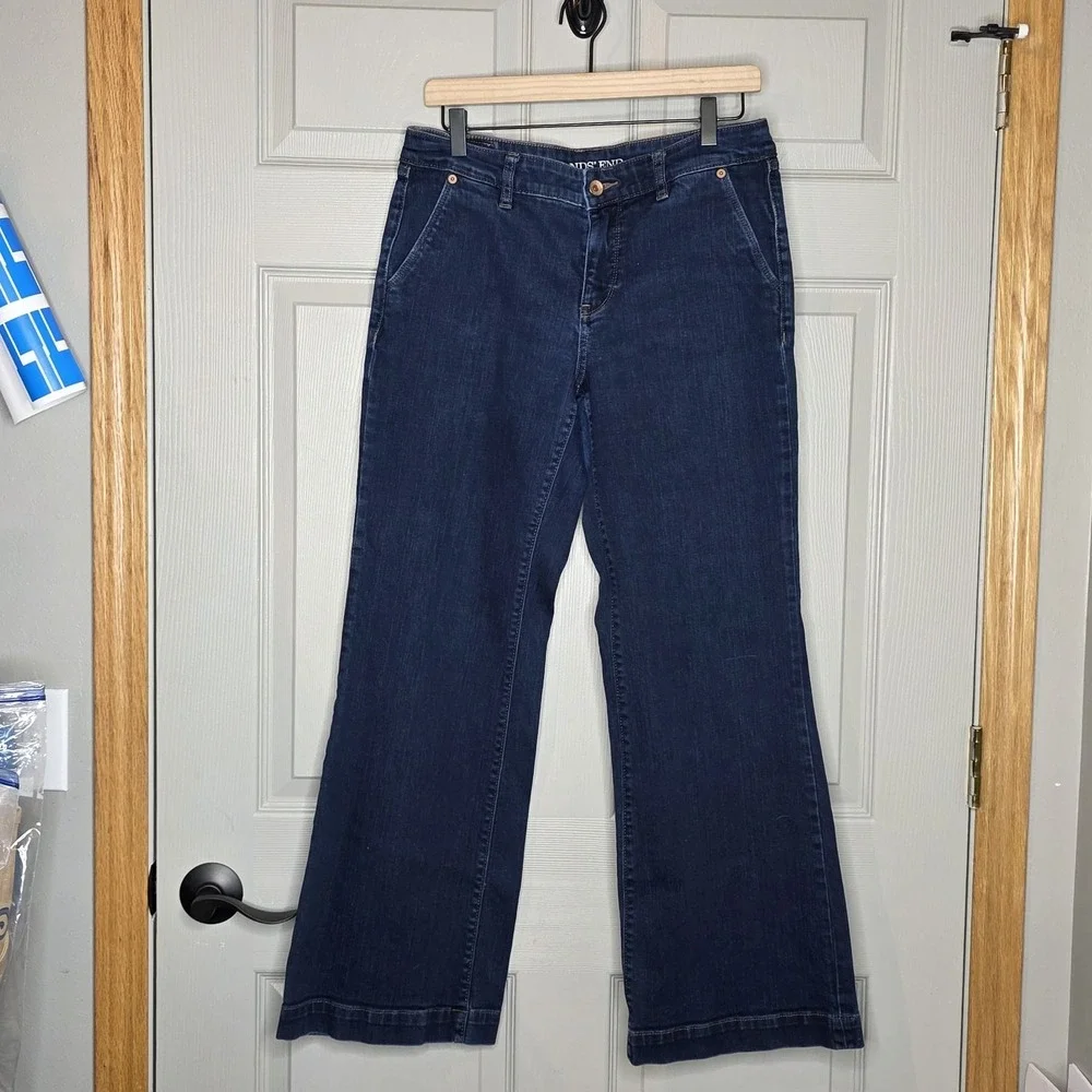 Lands End Womens Wide‎ Leg Trouser Denim Jeans Size 8 Dark Wash